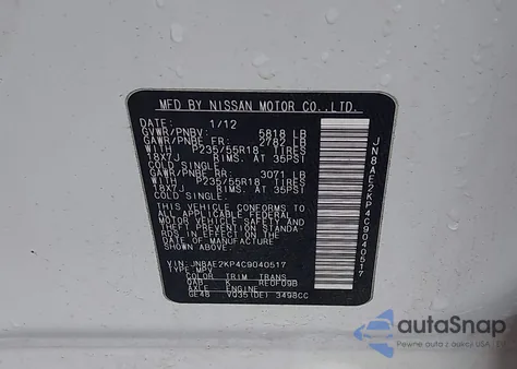 2012 Nissan Quest Le from USA, damaged, VIN JN8AE2KP4C9040517